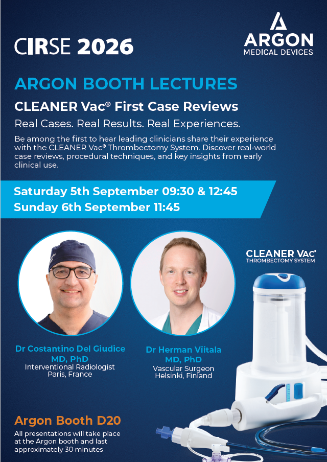 Promotional poster for CIRSE 2026 featuring medical device lectures. Includes event details, dates, speakers’ photos and names, and images of the CLEANER Vac device. Argon Medical Devices logo and booth location are displayed.